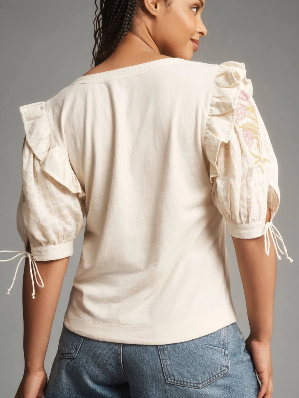 Anthropologie Cream Ruffle-Sleeve Scoop Neck Blouse